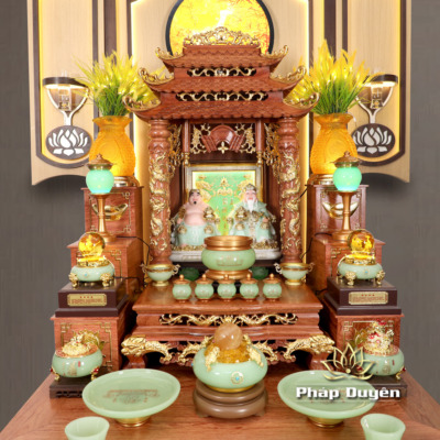 Alternative view of Bộ Ban Thờ Thần Tài Thổ Địa Lưu Ly Ngọc Xanh Bọc Đồng, “Phú Quý” Dát Vàng, KT 117*147*163cm
