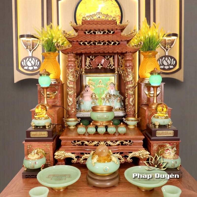 Bộ Ban Thờ Thần Tài Thổ Địa Lưu Ly Ngọc Xanh Bọc Đồng, “Phú Quý” Dát Vàng, KT 117*147*163cm - Ảnh 2