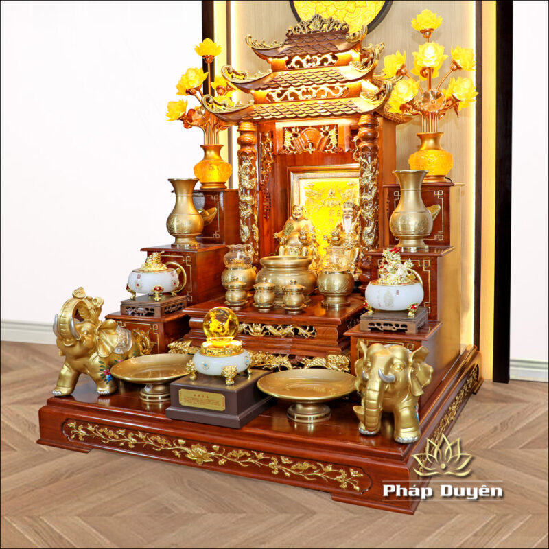 Bộ Ban Thờ Thần Tài Thổ Địa Đồng Vàng Chữ Phật Lá Sen, “Thiên Đức” Dát Vàng, KT 97*97*125cm - Ảnh 3
