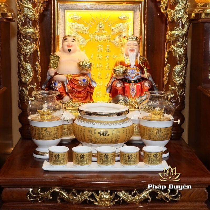 Bộ Bàn Thờ Thần Tài Thổ Địa Sứ Trắng Tâm Kinh “Thiên Đức” Dát Vàng, KT 97*97*125cm - Ảnh 12