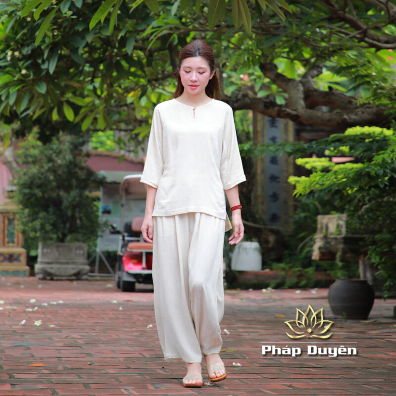 Bộ Quần Áo Nữ Vải Linen Cao Cấp, Cổ Tròn Màu Be - Ảnh 2