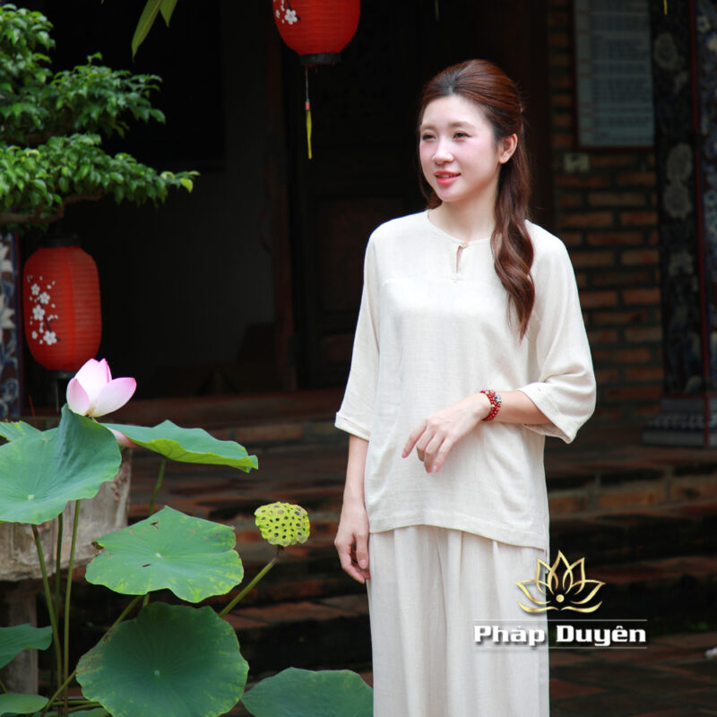 Bộ Quần Áo Nữ Vải Linen Cao Cấp, Cổ Tròn Màu Be - Ảnh 3