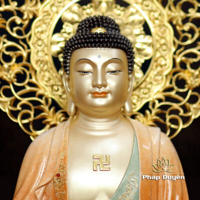 Alternative view of Tượng Bổn Sư Thích Ca Ngồi, Bằng Đồng Sơn Men Độ Cao, Cao 40cm (Tổng Hào Quang 50cm)