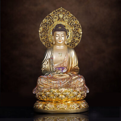 Tượng Bổn Sư Thích Ca Ngồi, Bằng Đồng Men Cổ Viền Vàng Mẫn Bảo, Cao 48cm (Tổng Lá Đề 56cm)