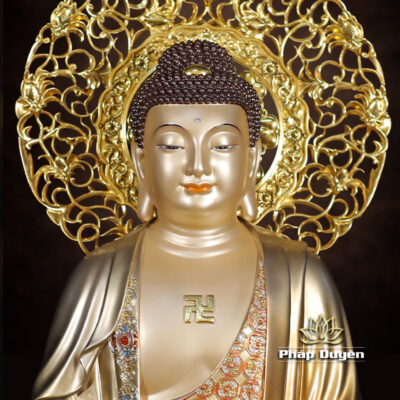 Alternative view of Tượng Bổn Sư Thích Ca Ngồi, Bằng Đồng Men Cổ Viền Vàng Mẫn Bảo, Cao 48cm (Tổng Lá Đề 56cm)