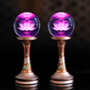 Đèn Cầu Hoa Sen Thân Đồng Nâu In Hoa Sen, Cao 30cm