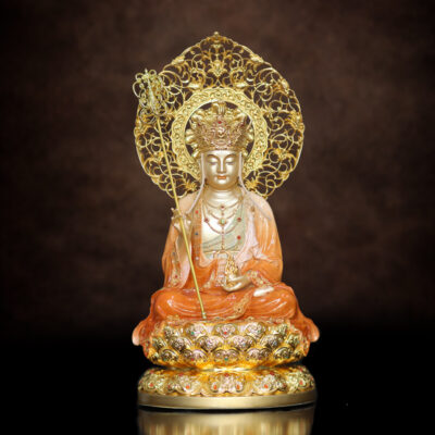 Tượng Địa Tạng Vương Bồ Tát Ngồi Đài Sen Bằng Đồng Sơn Men Độ Cao, Cao 40cm (Tổng Hào Quang 50cm)