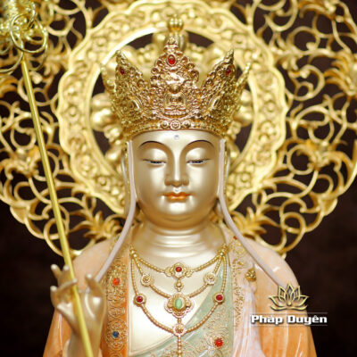 Alternative view of Tượng Địa Tạng Vương Bồ Tát Ngồi Đài Sen Bằng Đồng Sơn Men Độ Cao, Cao 40cm (Tổng Hào Quang 50cm)