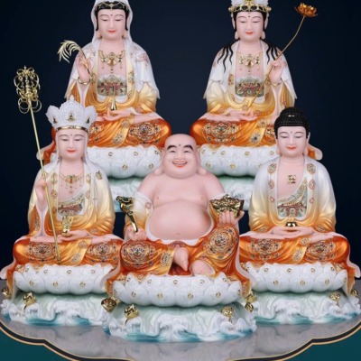 Bộ Tượng Tây Phương Tam Thánh Ngồi Đế Non Nước, Bột Đá Áo Cam, Nhiều Kích Thước