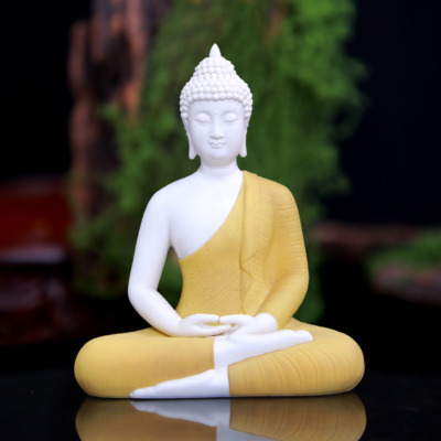 Tượng Phật Thích Ca Mâu Ni Ngồi Kiểu Thái, Sứ Trắng Áo Vàng, Cao 30cm