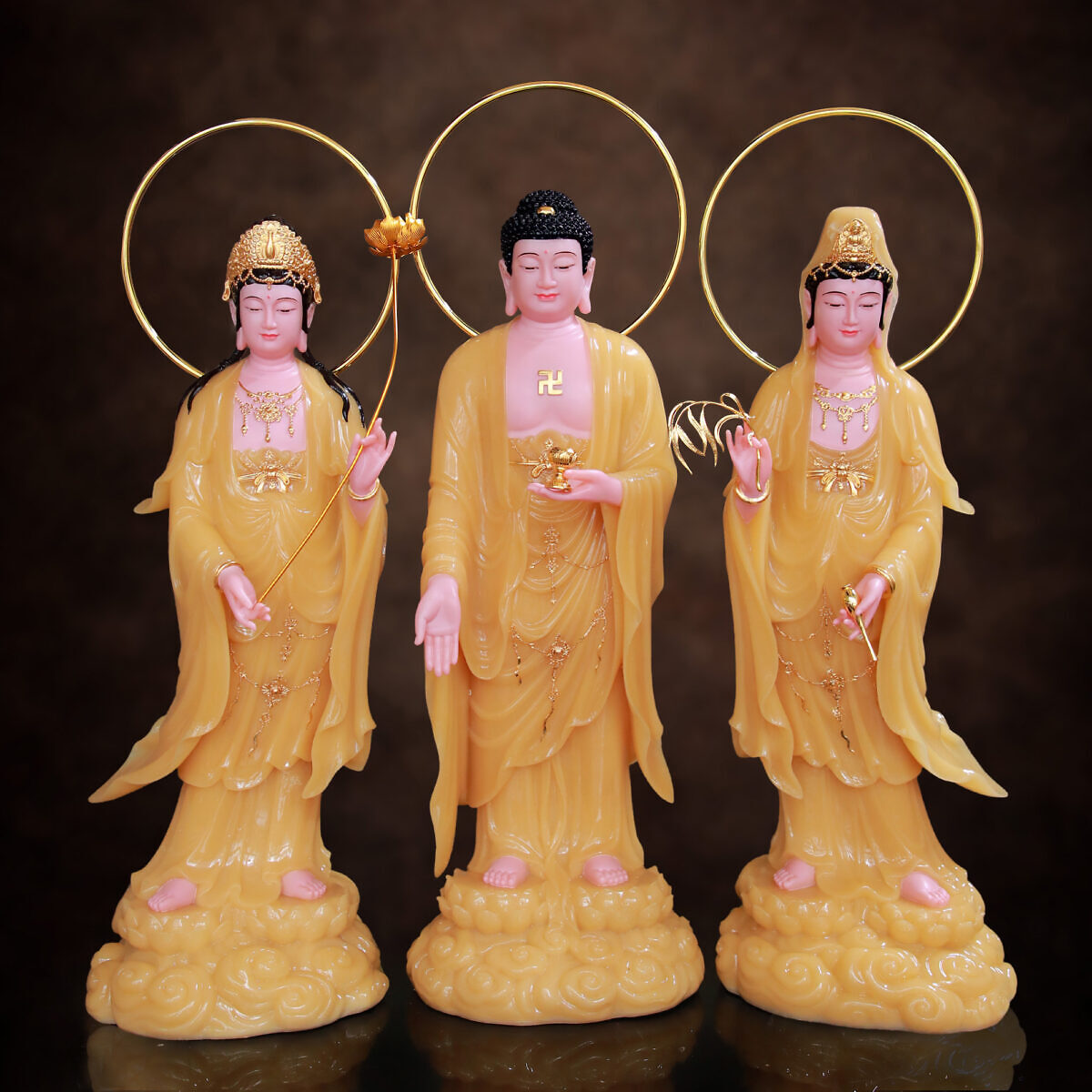 Bộ Tượng Tây Phương Tam Thánh Song Liên, Cao 66cm (Tổng Lá Đề 80cm)