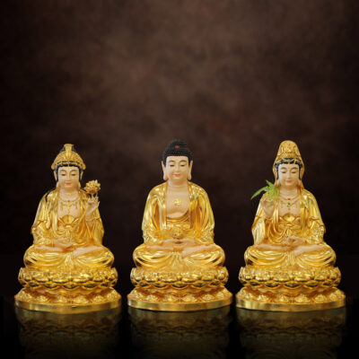 Bộ Tây Phương Tam Thánh Ngồi, Chất Liệu Composit Dát Vàng, Cao 50cm