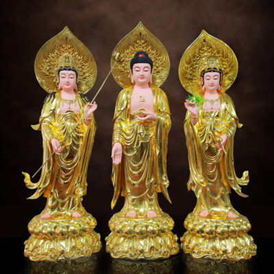 Bộ Tây Phương Tam Thánh Đứng, Chất Liệu Composit Dát Vàng, Cao 90cm (Tổng Lá Đề Cao 112cm)
