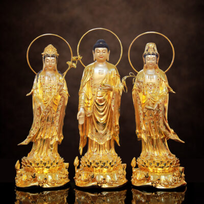 Bộ Tây Phương Tam Thánh Đứng Có Hào Quang Dát Vàng Ấn Bảo, Cao 48cm (Tổng Hào Quang 52cm)