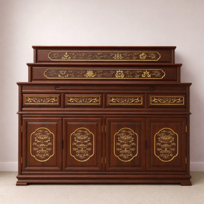 Ban Thờ Gỗ Nhập Khẩu Bát Bảo Kiết Tường, Màu Nâu Đỏ, Chạm Khắc Hoa Sen Thếp Vàng, Nhiều Kích Thước