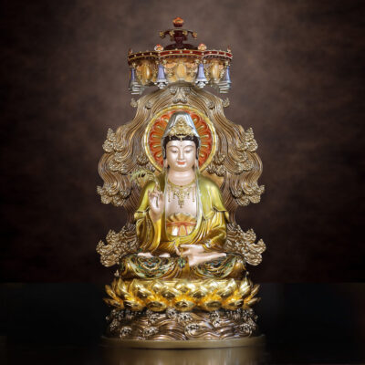 Tượng Quan Âm Bồ Tát Ngồi Non Nước, Bằng Đồng, Có Lọng Che, Nhiều Kích Thước