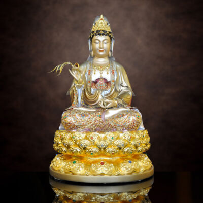 Tượng Quan Âm Bồ Tát Bằng Đồng, Sơn Men Cổ Mẫn Bảo, Không Lá Đề, Cao 30cm - 66cm