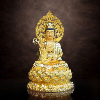 Tượng Quan Âm Đồng Dát Vàng Ấn Bảo, Cao 40cm (Tổng Lá Đề 48cm)