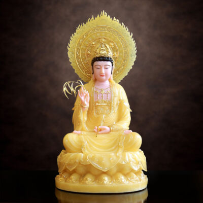 Tượng Quan Âm Bồ Tát Ngồi Đài Sen Bằng Bột Đá Thạch Anh Viền Vàng, Cao 48-66cm