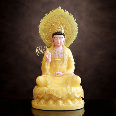 Tượng Quan Âm Bồ Tát Ngồi Đài Sen Bằng Bột Đá Thạch Anh Viền Vàng, Cao 40cm (Tổng Lá Đề 60cm), Cao 48cm (Tổng Lá Đề 65cm)