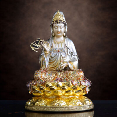 Tượng Quan Âm Ngồi, Bằng Đồng Men Cổ Viền Vàng Mẫn Bảo, Cao 30cm - 60cm