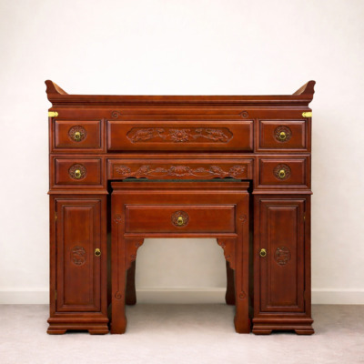 Ban Thờ Gỗ Nhập Khẩu, Chạm Khắc Hoa Sen Màu Nâu Đỏ, Nhiều Kích Thước