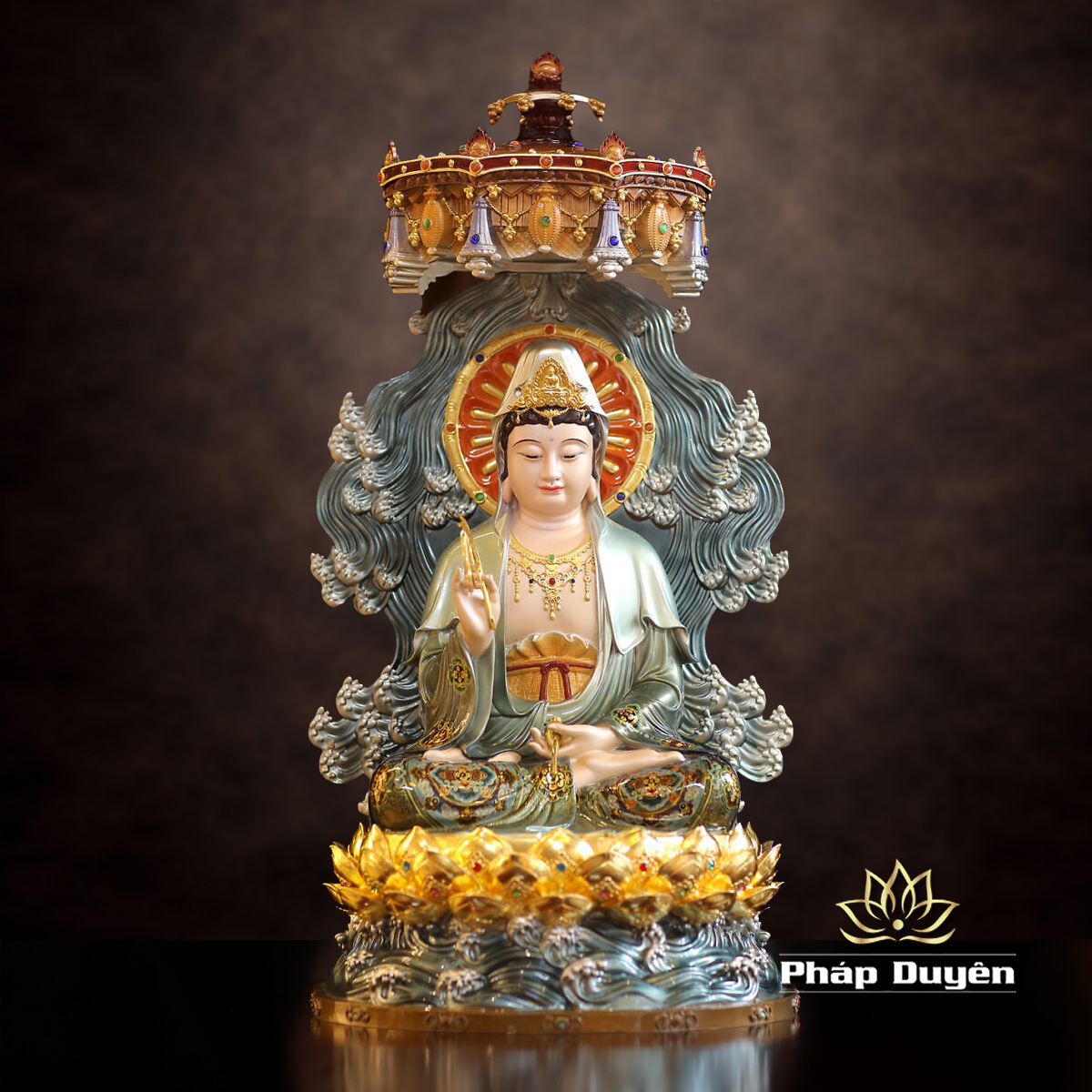 Tượng Quan Âm Bồ Tát Ngồi Đế Sen Non Nước Vẽ Sơn Cao Cấp, Có Lọng Che, Bằng Đồng, Nhiều Kích Thước - ảnh 10