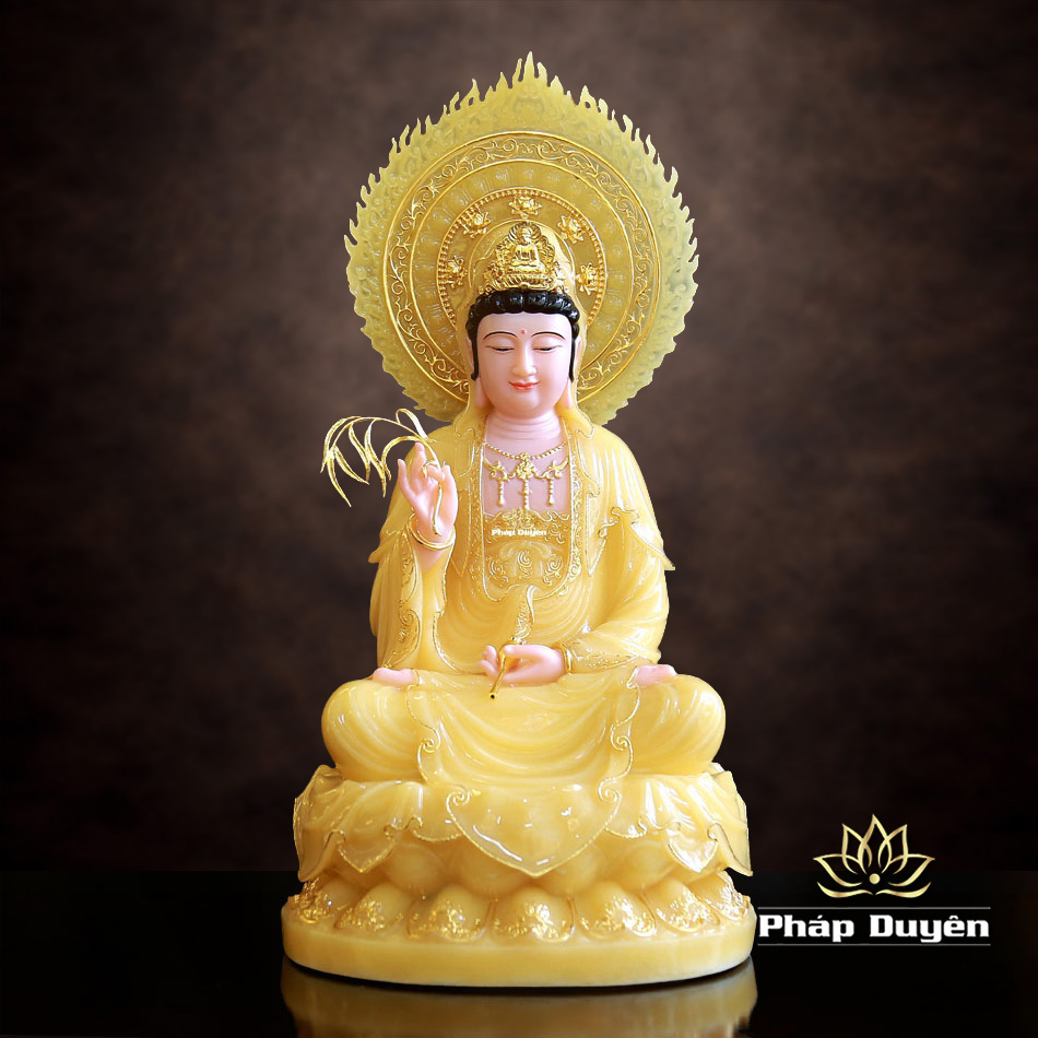 Tượng Quan Âm Bồ Tát Ngồi Đài Sen Bằng Bột Đá Thạch Anh Viền Vàng, Cao 48-66cm - ảnh 11