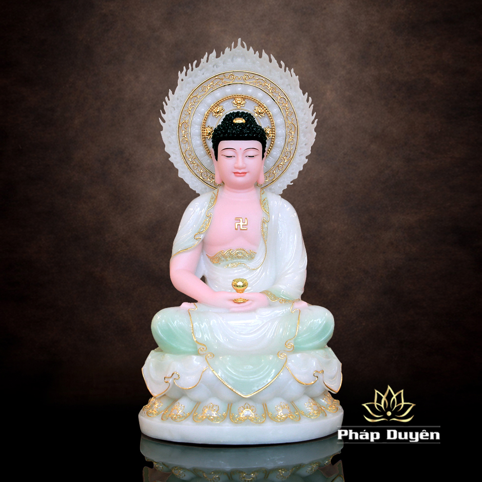 Tượng Phật A Di Đà Ngồi Đài Sen Lá Đề Bột Đá Cẩm Thạch Màu Thiên Thanh | Nhiều Kích Thước - ảnh 5
