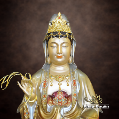 Hình chi tiết của Tượng Quan Âm Bồ Tát Bằng Đồng, Sơn Men Cổ Mẫn Bảo, Không Lá Đề, Cao 30cm - 66cm