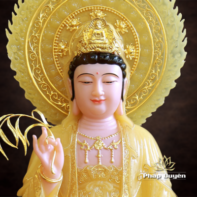 Ảnh chi tiết của Tượng Quan Âm Bồ Tát Ngồi Đài Sen Bằng Bột Đá Thạch Anh Viền Vàng, Cao 40cm (Tổng Lá Đề 60cm), Cao 48cm (Tổng Lá Đề 65cm)