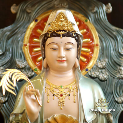 Ảnh chi tiết của Tượng Quan Âm Bồ Tát Ngồi Đế Sen Non Nước Vẽ Sơn Cao Cấp, Có Lọng Che, Bằng Đồng, Nhiều Kích Thước