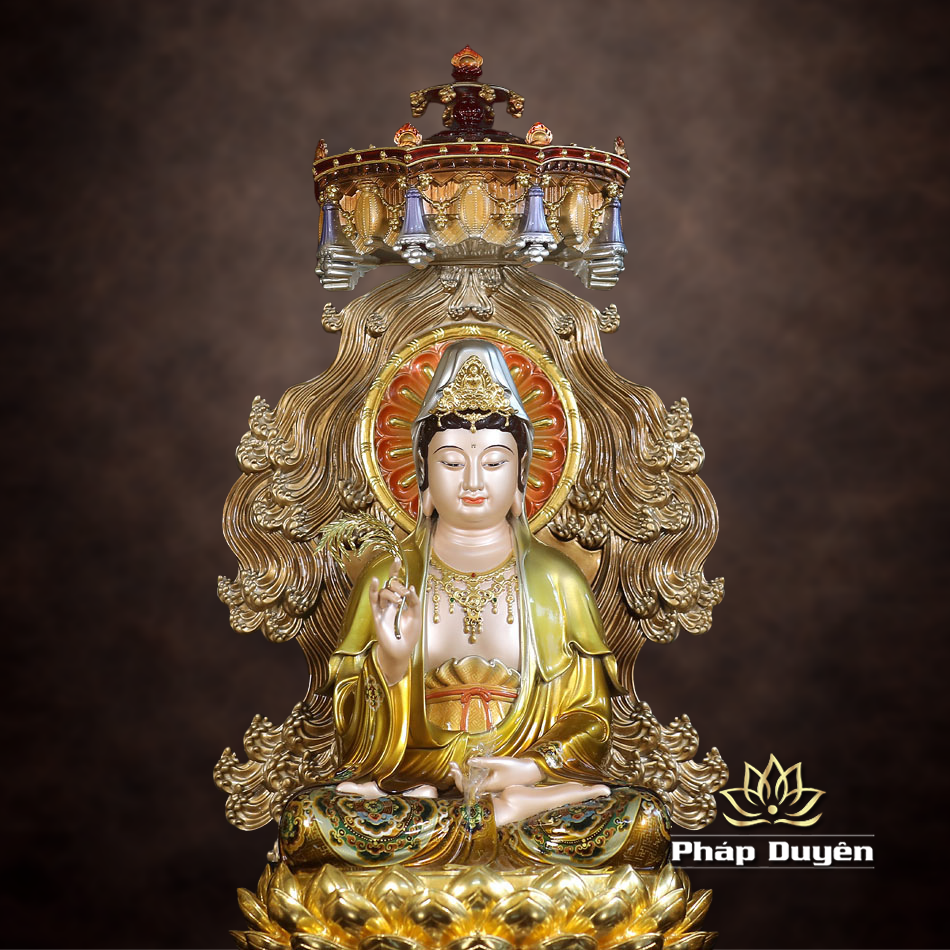 Tượng Quan Âm Bồ Tát Ngồi Non Nước, Bằng Đồng, Có Lọng Che, Nhiều Kích Thước - ảnh 14