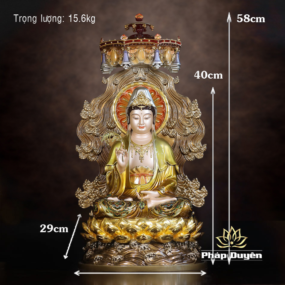 Tượng Quan Âm Bồ Tát Ngồi Non Nước, Bằng Đồng, Có Lọng Che, Nhiều Kích Thước - ảnh 15