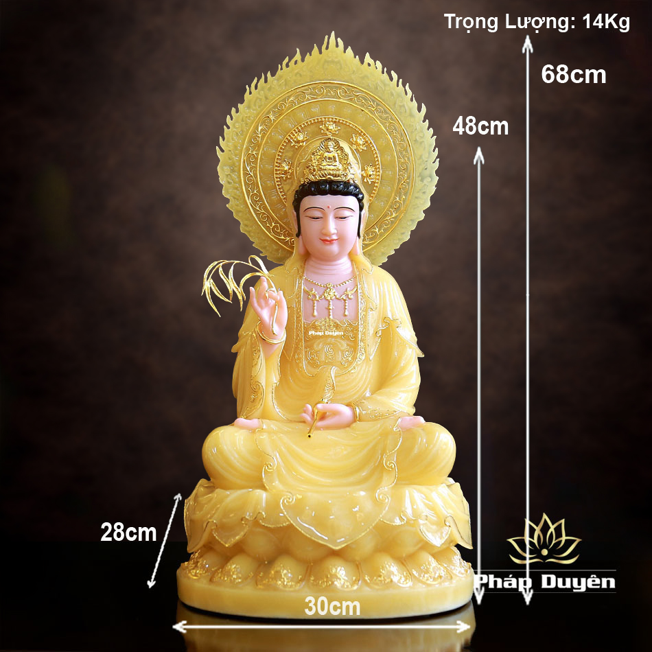 Tượng Quan Âm Bồ Tát Ngồi Đài Sen Bằng Bột Đá Thạch Anh Viền Vàng, Cao 48-66cm - ảnh 17