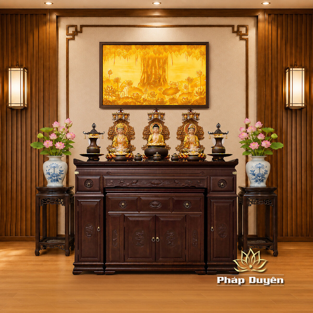 Ban Thờ Gỗ Nhập Khẩu Mẹ Bồng Con, Màu Nâu Óc Chó, Họa Tiết Hoa Sen, Nhiều Kích Thước - ảnh 2