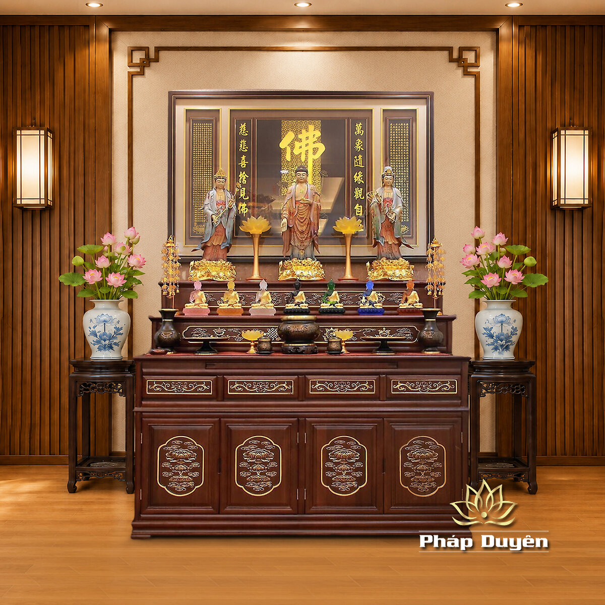 Ban Thờ Gỗ Nhập Khẩu Bát Bảo Kiết Tường, Màu Nâu Đỏ, Chạm Khắc Hoa Sen Thếp Vàng, Nhiều Kích Thước - ảnh 2