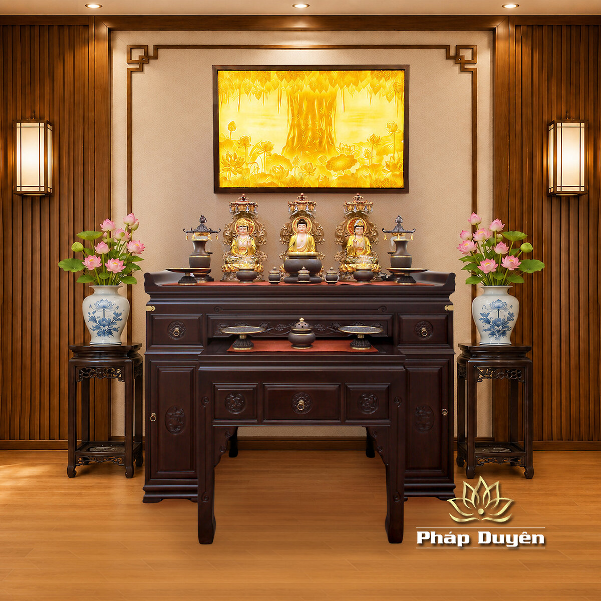 Ban Thờ Gỗ Nhập Khẩu Chạm Khắc Hoa Sen, Màu Nâu Óc Chó, Kích Thước 155*68*107cm - ảnh 2