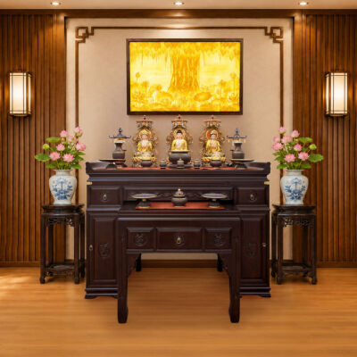 Ban Thờ Gỗ Nhập Khẩu Chạm Khắc Hoa Sen, Màu Nâu Óc Chó, Kích Thước 155*68*107cm