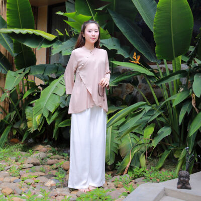 Bộ Quần Áo Đi Chùa Nữ Thanh Liễu, Vải Lanh Băng, Màu Be Size S, M, L