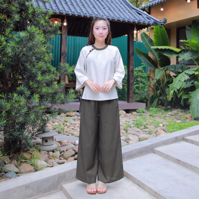 Bộ Pháp Phục Lễ Chùa Nữ Thanh Vân, Vải Linen Bột - Size S, M, L