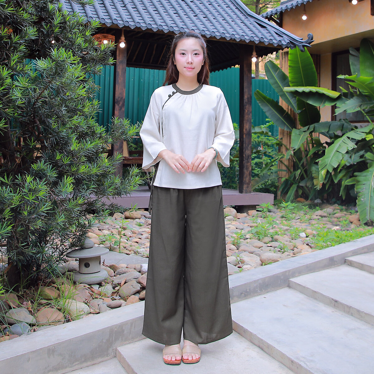 Bộ Pháp Phục Lễ Chùa Nữ Thanh Vân, Vải Linen Bột - Size S, M, L