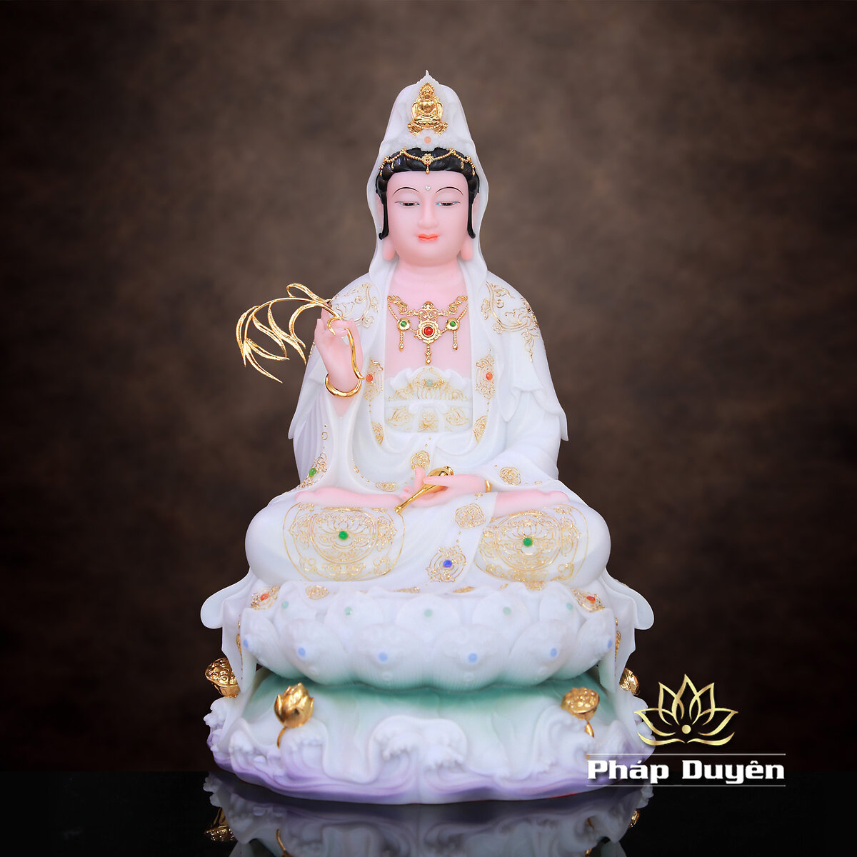 Tượng Quan Âm Bột Đá Trắng Viền Vàng, Cao 48cm - ảnh 9