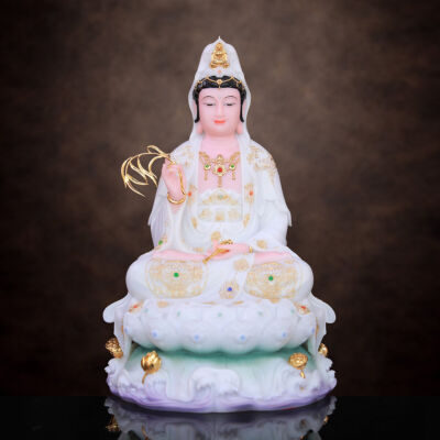 Tượng Quan Âm Bột Đá Trắng Viền Vàng, Cao 48cm