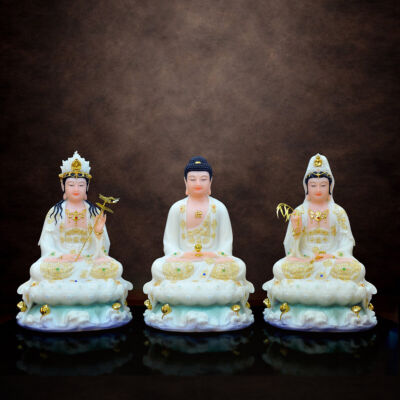 Tượng Tây Phương Tam Thánh Ngồi, Bột Đá Trắng Viền Vàng, Đế Non Nước 12#
