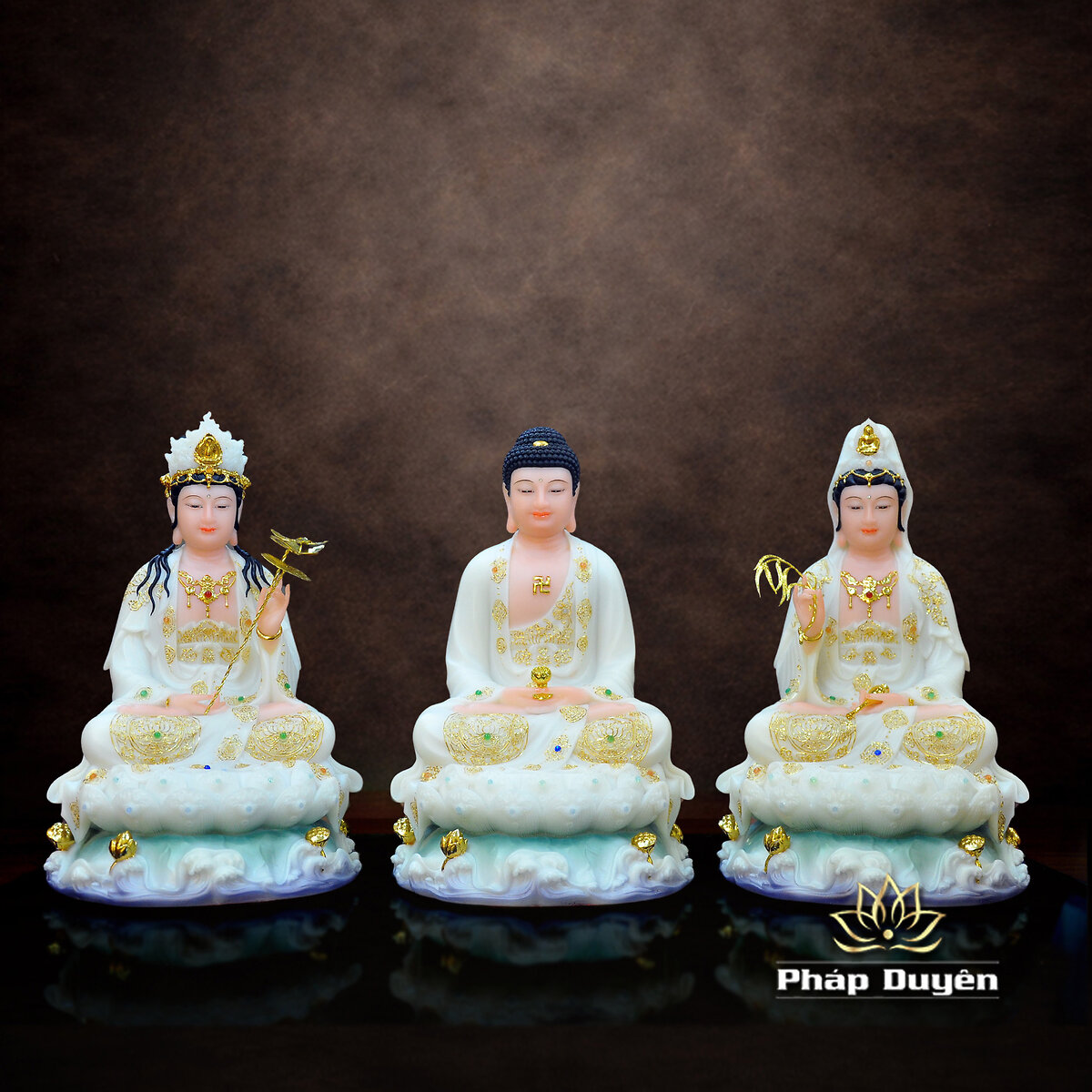 Tượng Tây Phương Tam Thánh Ngồi, Bột Đá Trắng Viền Vàng, Đế Non Nước 12# - ảnh 5