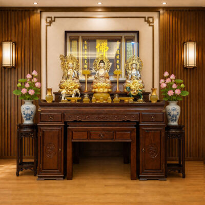 Ban Thờ Gỗ Hương Chạm Khắc Hoa Sen, Màu Nâu Óc Chó, KT 197*89*127 cm