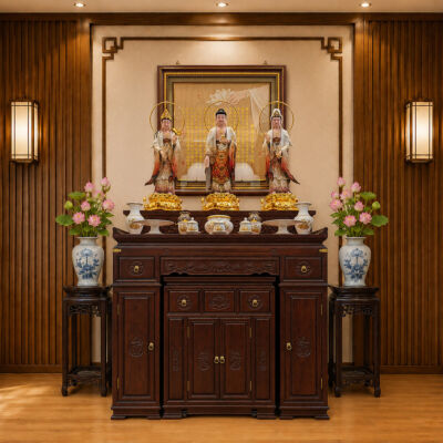 Ban Thờ Gỗ Hương Chạm Khắc Hoa Sen, Màu Nâu Đỏ Óc Chó, KT 127*68*117 cm