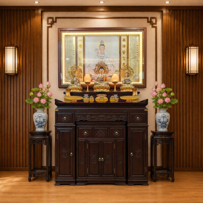 Ban Thờ Gỗ Hương Chạm Khắc Hoa Sen, Màu Nâu Óc Chó, KT 127*68*117 cm