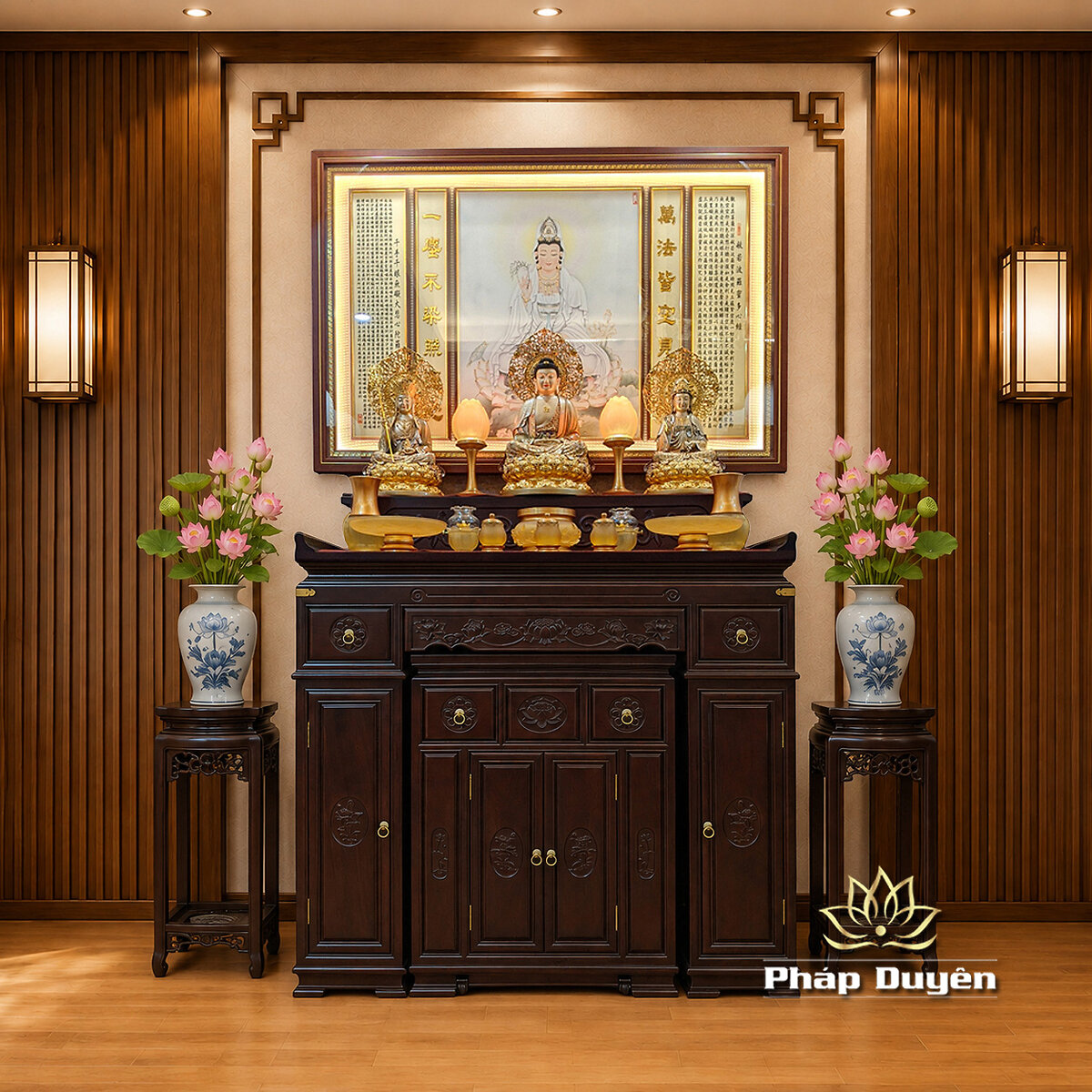 Ban Thờ Gỗ Hương Chạm Khắc Hoa Sen, Màu Nâu Óc Chó, KT 127*68*117 cm - ảnh 2